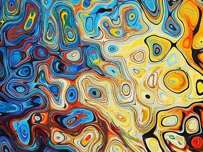 Abstract painting in bright colours with circles and swirls