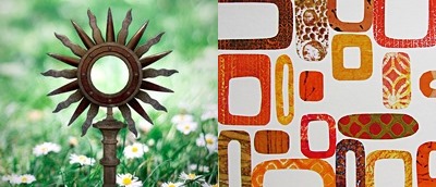 Two images, sun-shaped metal sculpture in garden with daisy flowers amd abstract painting with colour ovals and circles on white background