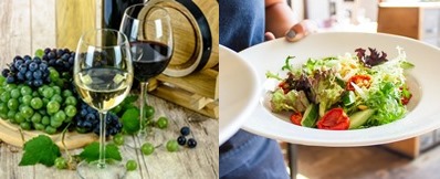 Two images, red and white wine in glasses with red and green grapes and a restaurant server carrying a plate of salad